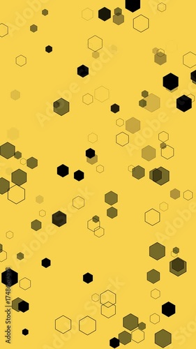 Black Hexagons Design Loop. Geometric pattern of black hexagons falling on yellow background, seamless loop, vertical resolution.
