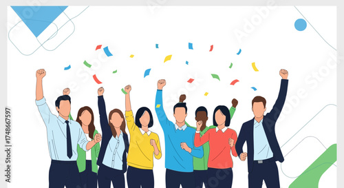 Team Celebration: Energetic Group Raises Fists in Triumph, Showered with Vivid Confetti