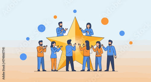 Team Celebrates Success Around Giant Star Symbolizing Teamwork, Achievement, And Recognition