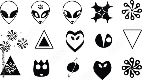 Vector art of assortment of alien head icons, geometric shapes, and abstract symbols