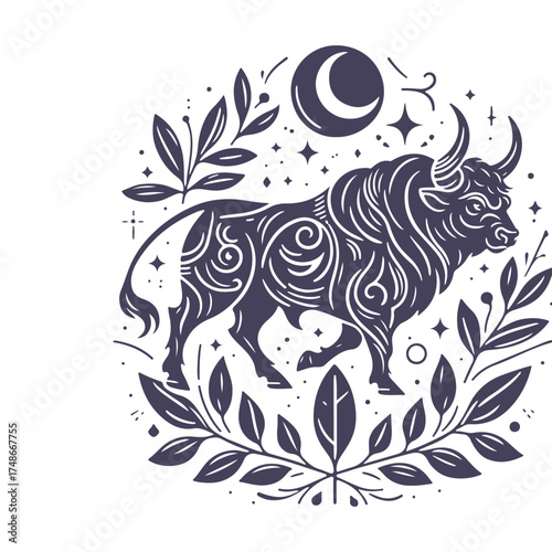 Esoteric Taurus Zodiac Sign, Black and White Tattoo Style Astrology Line Art and Silhouette
