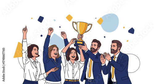 Team Celebrates Success Holding Trophy, Illustrating Achievement and Victory in Business Field
