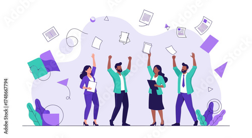 Team Celebrates Success with Documents Flying, Celebrating a Successful Outcome