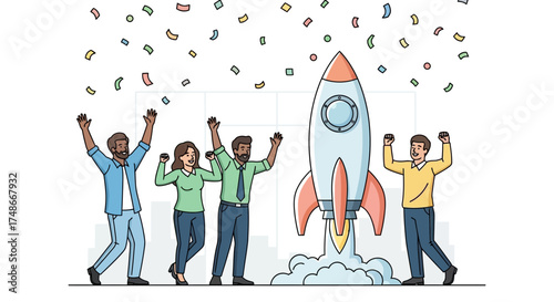 Team Celebrates Successful Launch Of Rocket, Achieving Milestone, Startup Business Concept