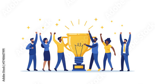 Team Celebrates Victory And Idea Triumphantly With Big Golden Trophy Illustration
