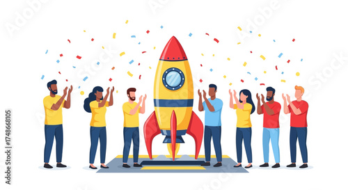 Team Congratulates Launch Success With Rocket And Colorful Confetti Celebration