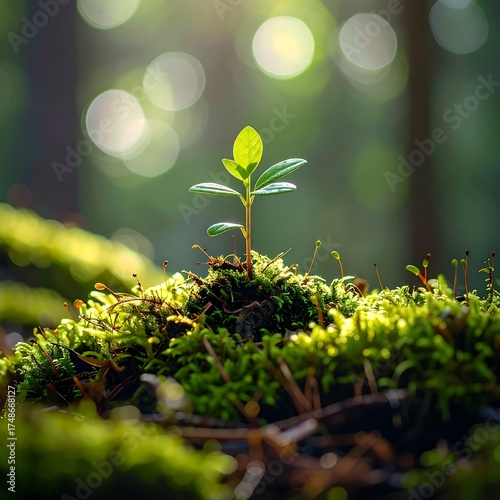 A close-up photograph spotlights a tiny sprout pushing through lush, green moss in a sunlit forest. The bokeh adds depth