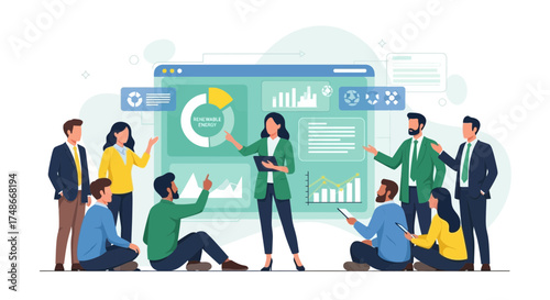 Team discussing renewable energy data and analytics, presentation, business meeting