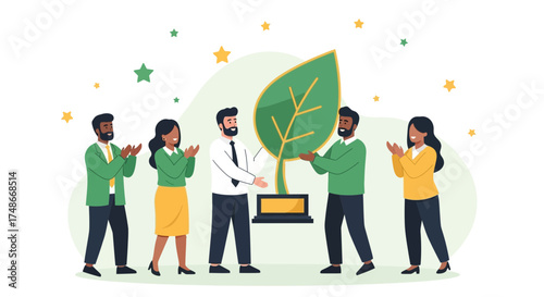 Team celebrating environmental award with leaf shaped trophy in flat colorful illustration