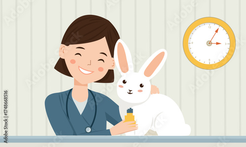 A veterinarian and a calm white rabbit