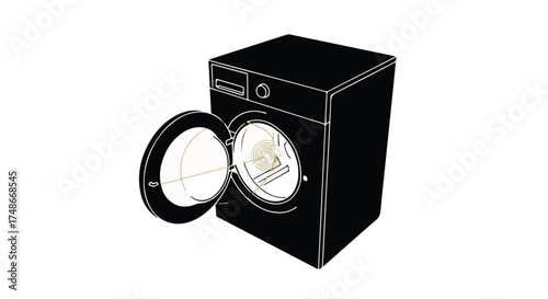 Modern washing machine with open door, ready for laundry, clean appliance design.