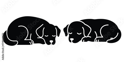 puppy sleeping silhouette pets vector icon set