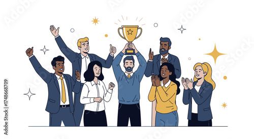 Team Celebrating Success: Vector Illustration of a Group Holding a Trophy