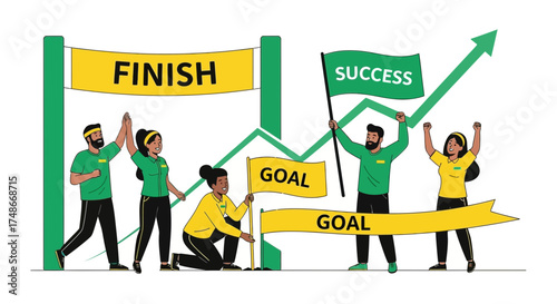 Team celebrating success reaching the finish line and achieving their goals in a graphic illustration
