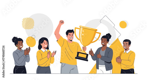 Team celebrating success with a golden trophy and applause after a project win