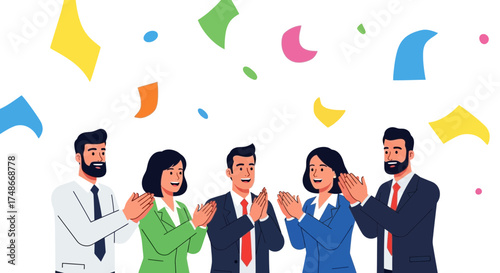 Team Celebrating Success With Applause And Colorful Confetti Falling Down Above Them