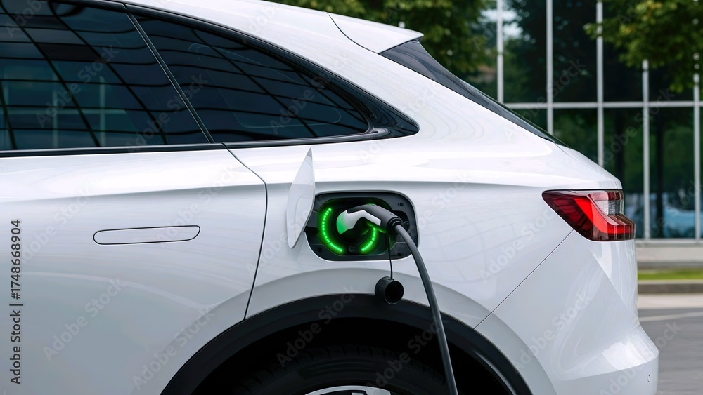 Fototapeta premium White electric car charges with a bright green light in its port.
