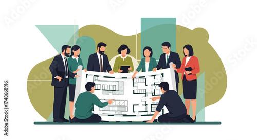 Team of architects discussing an architectural plan on a white background successfully