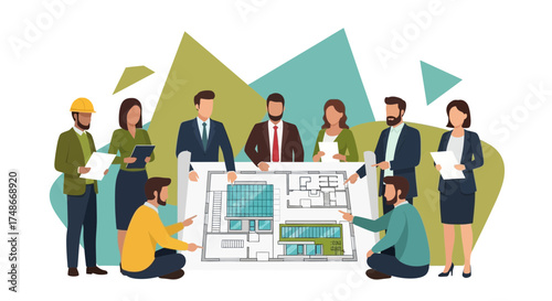 Team of architects and engineers reviewing a building blueprint in a design meeting