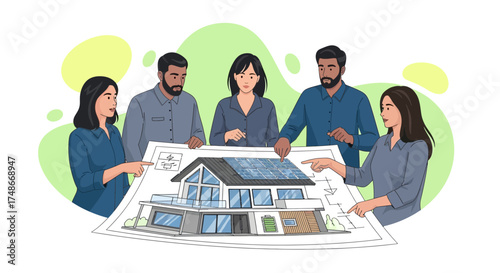 Team of Architects Collaborating on a Sustainable House Design with Solar Panels