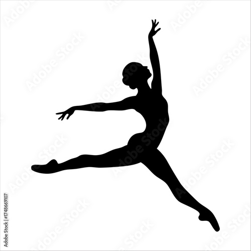 A graceful ballet dancer in silhouette, leaping high in a dynamic pose