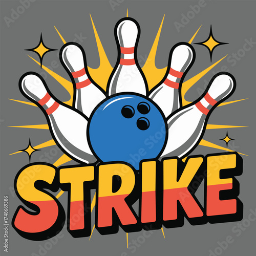 Vibrant bowling strike illustration with a blue ball hitting white pins and sparkling stars