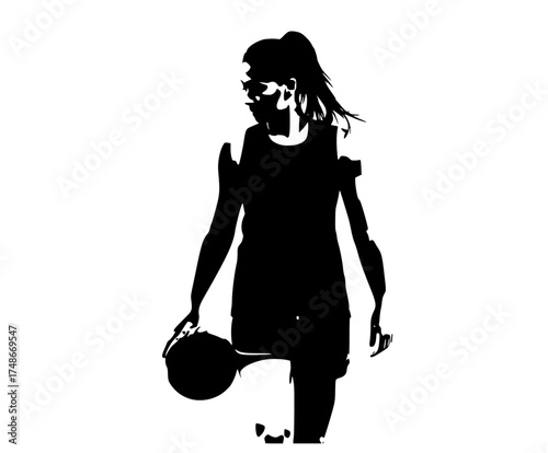 a silhouette of a girl walking with a basketbag, black, carry, catch, dress, girl, goggles, profile, shopping bag, walk, woman 