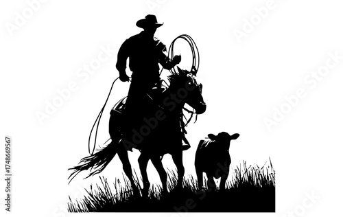 a silhouette of a cowboy on a horse with a lasso and a cow in a grassy fieldanimal, bull, calf, cowboy, cowboy hat, horse, horseback, lamb, lasso, man, profile, ride, rodeo, rope, sheep, sun hat 