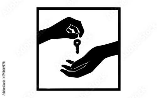 a black and white icon depicting two hands offering a keyblack, catch, hand, illustration, key, person, profile, white 