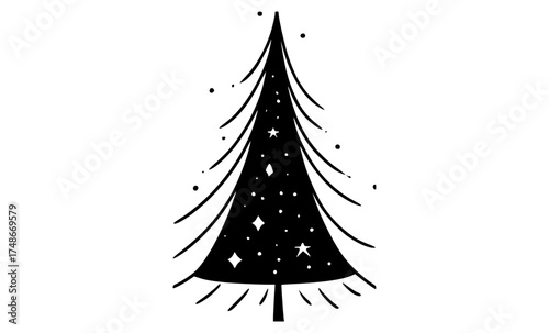 a black and white christmas tree with starsblack, christmas tree, fir tree, pine, star, tree, white 