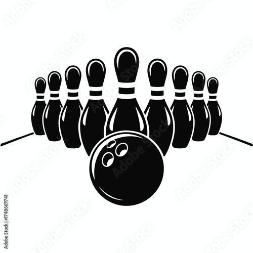 Classic bowling ball and pins silhouette with sketchy texture for sports and recreation