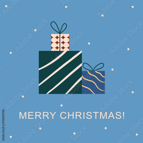 Merry Christmas holiday card design. Gifts in beautiful boxes. Decorations and decorations for the New Year holidays.Vector