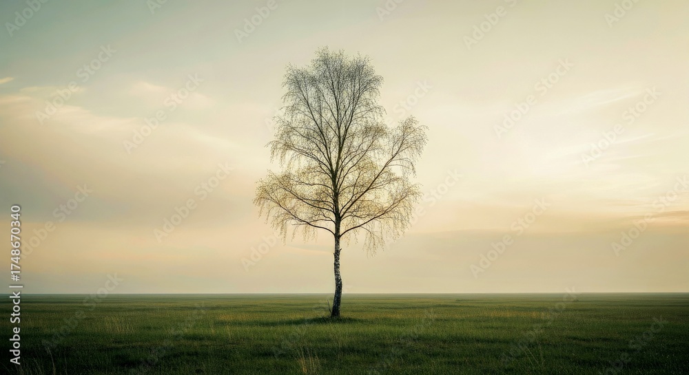 Obraz premium Solitary Single Tree on a Grassy Plain Under a Pale Sky Minimalist Composition