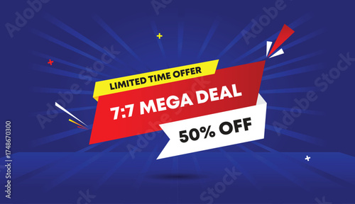 7 to 7 mega deal 50 percent off limited time offer web banner vector art template design badge icon label yellow red gradient white shapes dark blue light sun shine abstract business background sale