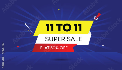 11 to 11 super sale flat 50 percent off web banner vector art template design badge icon label yellow red gradient white shapes bold text dark blue light sun shine abstract business background promo
