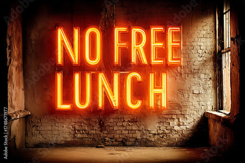 Neon NO FREE LUNCH sign on brick wall with warm orange glow for modern urban mood