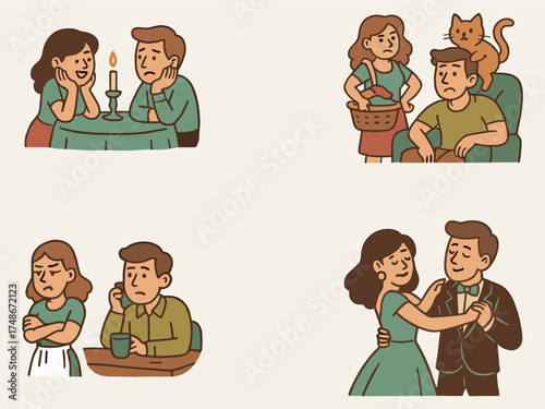 A cute cartoon illustration set showing a couple in various relationship moments—romantic dinner, argument, domestic life with a cat, and dancing—drawn in warm vintage tones with a co