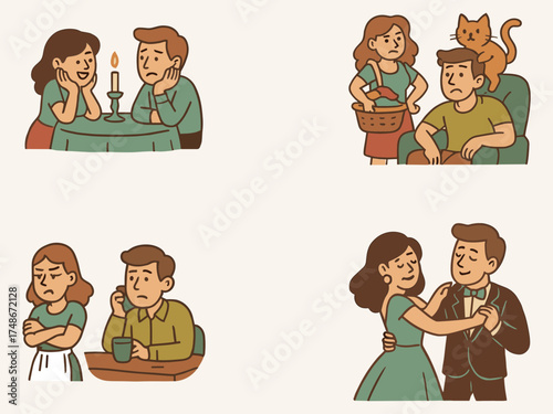 A cute cartoon illustration set showing a couple in various relationship moments—romantic dinner, argument, domestic life with a cat, and dancing—drawn in warm vintage tones with a co