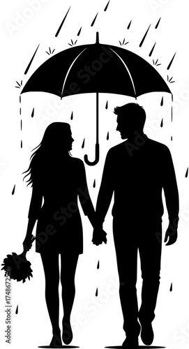 Romantic silhouette illustration of a couple walking hand-in-hand under an umbrella in the rain, symbolizing enduring love, protection, and companionship