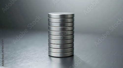 Neodymium ring magnets stacked column, brushed steel texture, soft reflections, grey gradient backdrop