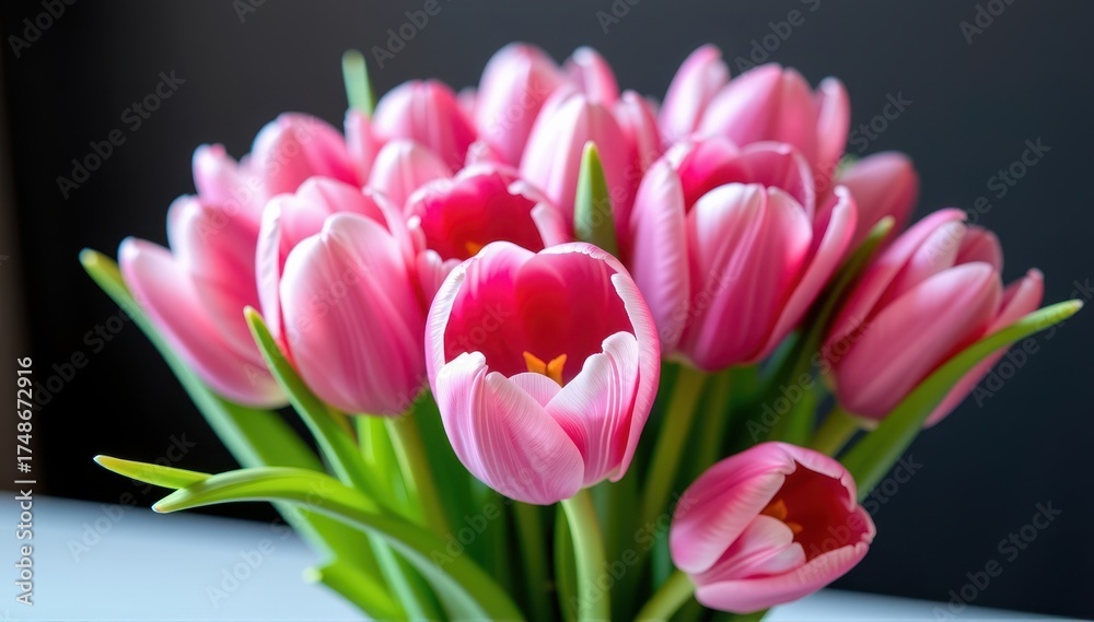 Fototapeta premium Lovely pink tulip bouquet, a perfect spring gift. Delicate blooms arranged in a charming bunch, ideal for a special occasion, cheerful, bouquet, home decor