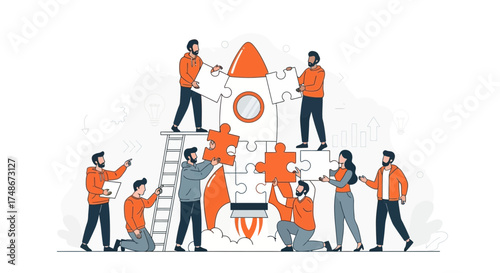 Teamwork concept showing people assembling a rocket ship like a puzzle