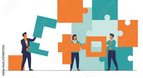 Teamwork Constructing A Jigsaw Puzzle, Connecting Pieces, Cooperation, and Business Concept