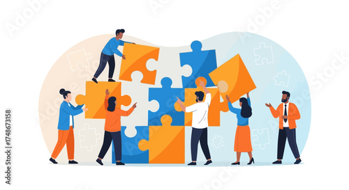 Teamwork constructing puzzle pieces together to illustrate ideas and collaboration