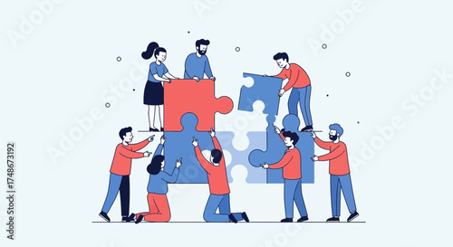 Teamwork Constructs Large Puzzle Illustration, Representing Collaboration and Accomplishment