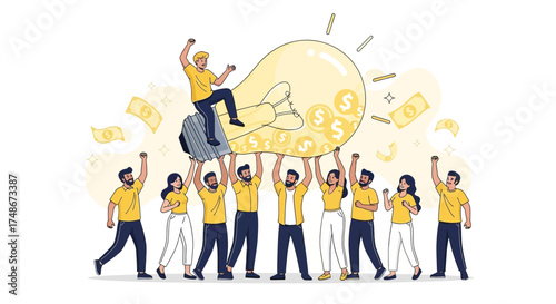 Teamwork Idea: People holding a lightbulb representing a successful business idea