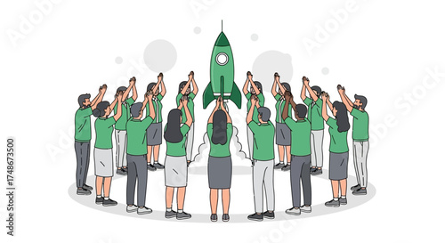 Teamwork Inspiring Project Liftoff with a Rocket Symbolizing Innovation and Achievement