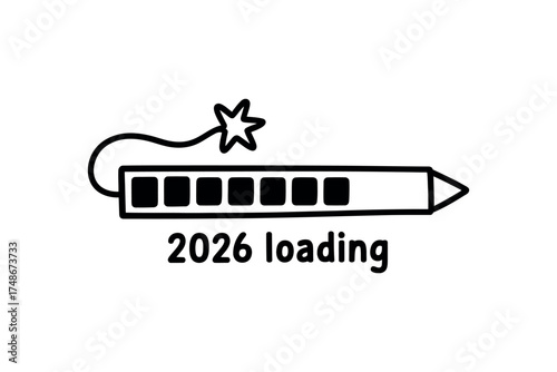 Vector art of doodle style loading bar with 2026 text anticipation of the future year