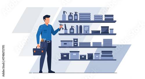 Technician Inspecting Shelves with Tools to Evaluate and Ensure Proper Arrangement Order