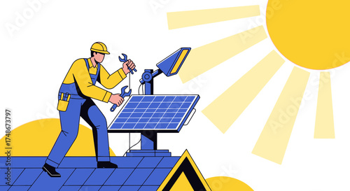 Technician Installing Solar Panel: Renewable Energy and Sustainability Illustration